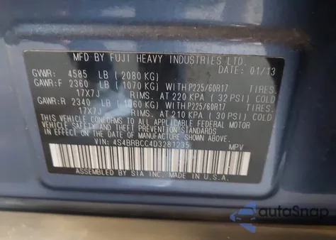 2013 Subaru Outback 2.5I Premium z USA, uszkodzony, nr VIN 4S4BRBCC4D3281235